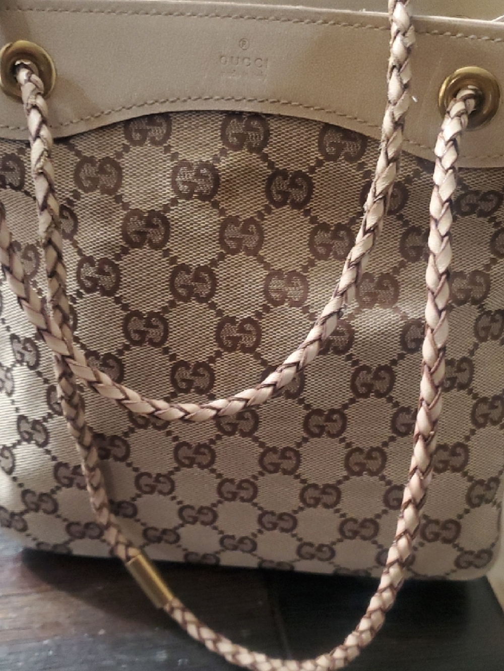 Gucci Beige and Brown GG Canvas Drawstring Tote with Braided Handles - Picture 11 of 16